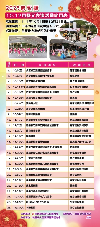 2025苗栗縣10-12月藝文展演活動節目表